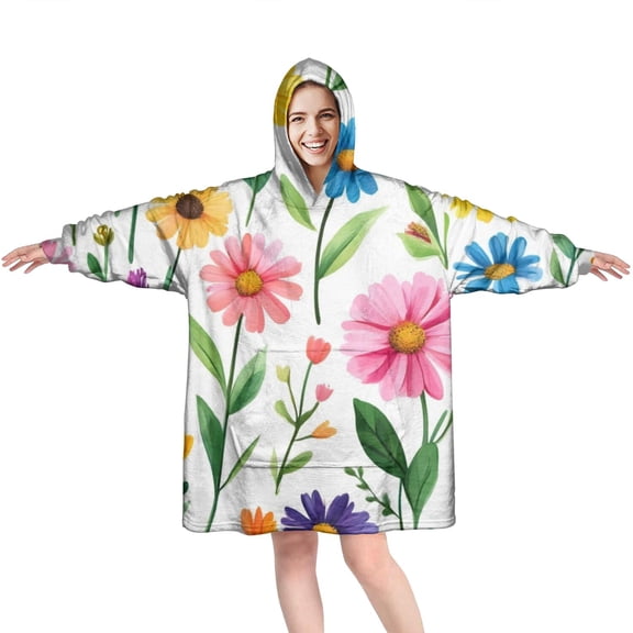 Wearable Oversized Blanket,Pioneer Flower Floral Print Pattern Wearable Blanket Hoodie for Adults,Cozy Hooded Blankets with Super Pockets,Super Warm Fuzzy Pullover for Women & Men