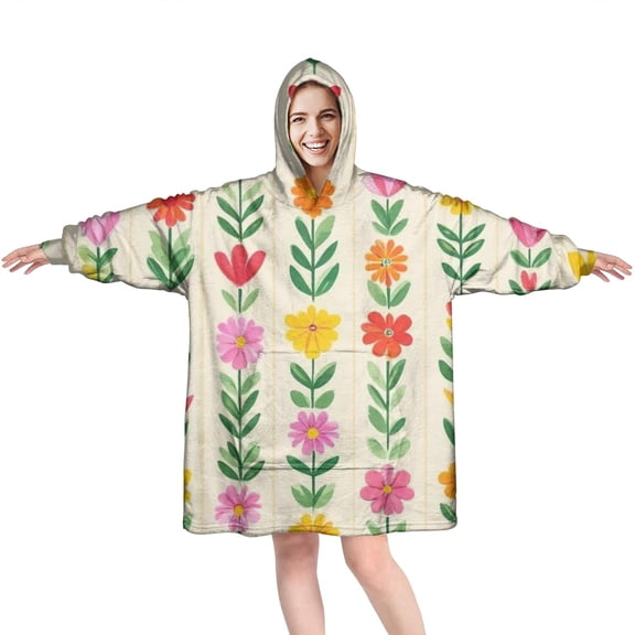Wearable Oversized Blanket,Pioneer Flower Floral Print Pattern Wearable Blanket Hoodie for Adults,Cozy Hooded Blankets with Super Pockets,Super Warm Fuzzy Pullover for Women & Men