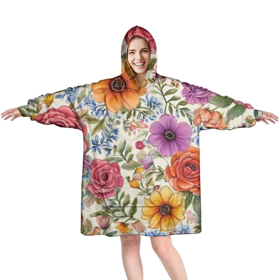 Wearable Oversized Blanket,Pioneer Flower Floral Print Pattern Wearable Blanket Hoodie for Adults,Cozy Hooded Blankets with Super Pockets,Super Warm Fuzzy Pullover for Women & Men