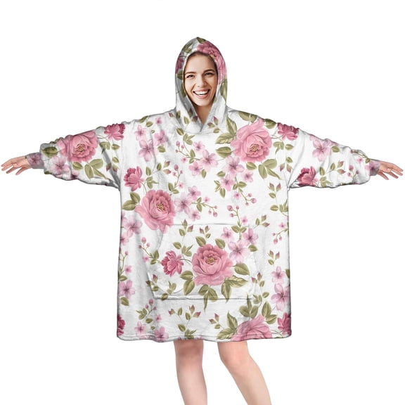 Wearable Oversized Blanket,Pioneer Flower Floral Print Pattern Wearable Blanket Hoodie for Adults,Cozy Hooded Blankets with Super Pockets,Super Warm Fuzzy Pullover for Women & Men
