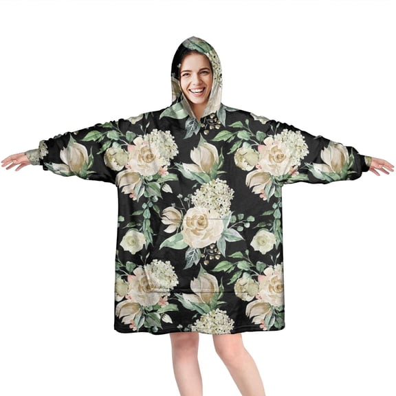 Wearable Oversized Blanket,Pioneer Flower Floral Print Pattern Wearable Blanket Hoodie for Adults,Cozy Hooded Blankets with Super Pockets,Super Warm Fuzzy Pullover for Women & Men