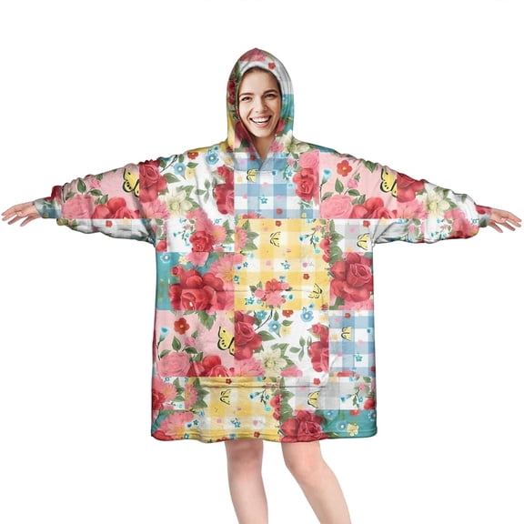 Wearable Oversized Blanket,Pioneer Flower Floral Print Pattern Wearable Blanket Hoodie for Adults,Cozy Hooded Blankets with Super Pockets,Super Warm Fuzzy Pullover for Women & Men