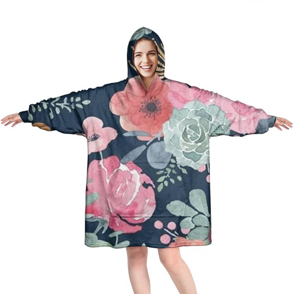 Wearable Oversized Blanket,Pioneer Flower Floral Print Pattern Wearable Blanket Hoodie for Adults,Cozy Hooded Blankets with Super Pockets,Super Warm Fuzzy Pullover for Women & Men