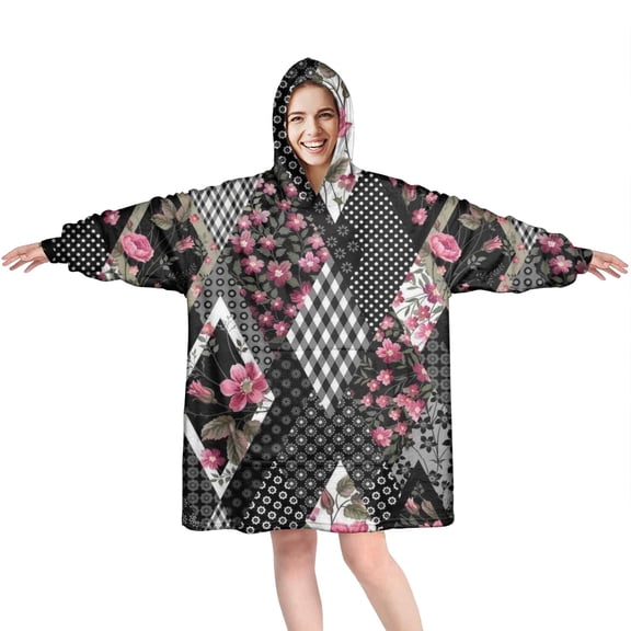 Wearable Oversized Blanket,Pioneer Flower Floral Print Pattern Wearable Blanket Hoodie for Adults,Cozy Hooded Blankets with Super Pockets,Super Warm Fuzzy Pullover for Women & Men