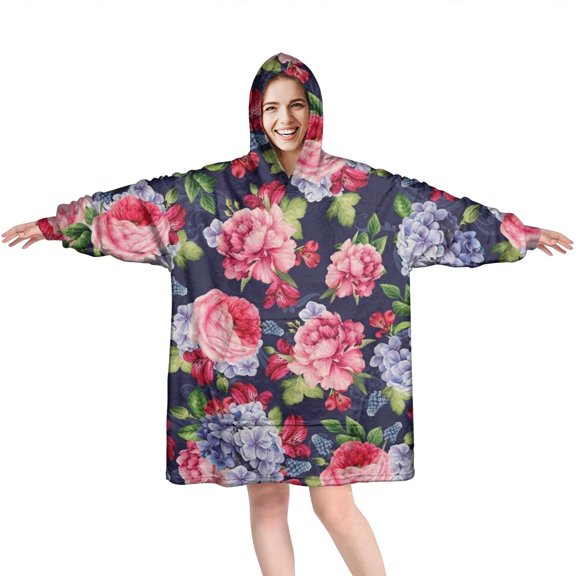 Wearable Oversized Blanket,Pioneer Flower Floral Print Pattern Wearable Blanket Hoodie for Adults,Cozy Hooded Blankets with Super Pockets,Super Warm Fuzzy Pullover for Women & Men