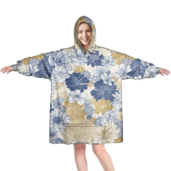 Wearable Oversized Blanket,Pioneer Flower Floral Print Pattern Wearable Blanket Hoodie for Adults,Cozy Hooded Blankets with Super Pockets,Super Warm Fuzzy Pullover for Women & Men