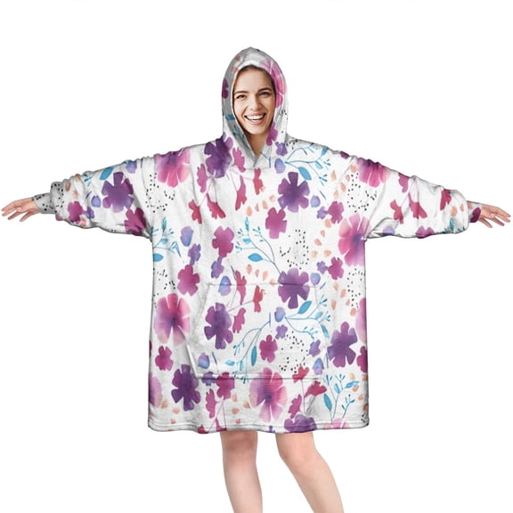 Wearable Oversized Blanket,Pioneer Flower Floral Print Pattern Wearable Blanket Hoodie for Adults,Cozy Hooded Blankets with Super Pockets,Super Warm Fuzzy Pullover for Women & Men