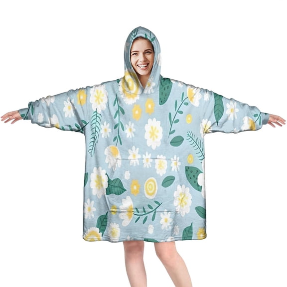 Wearable Oversized Blanket,Pioneer Flower Floral Print Pattern Wearable Blanket Hoodie for Adults,Cozy Hooded Blankets with Super Pockets,Super Warm Fuzzy Pullover for Women & Men