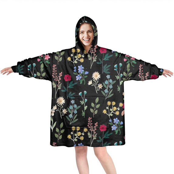Wearable Oversized Blanket,Pioneer Flower Floral Print Pattern Wearable Blanket Hoodie for Adults,Cozy Hooded Blankets with Super Pockets,Super Warm Fuzzy Pullover for Women & Men