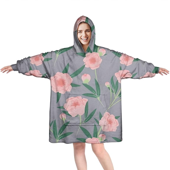 Wearable Oversized Blanket,Pioneer Flower Floral Print Pattern Wearable Blanket Hoodie for Adults,Cozy Hooded Blankets with Super Pockets,Super Warm Fuzzy Pullover for Women & Men
