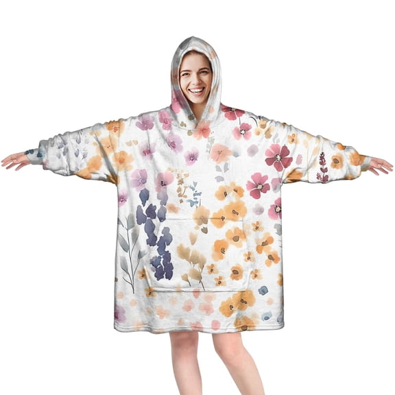 Wearable Oversized Blanket,Pioneer Flower Floral Print Pattern Wearable Blanket Hoodie for Adults,Cozy Hooded Blankets with Super Pockets,Super Warm Fuzzy Pullover for Women & Men