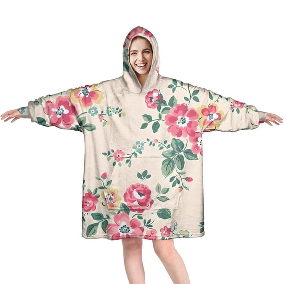 Wearable Oversized Blanket,Pioneer Flower Floral Print Pattern Wearable Blanket Hoodie for Adults,Cozy Hooded Blankets with Super Pockets,Super Warm Fuzzy Pullover for Women & Men