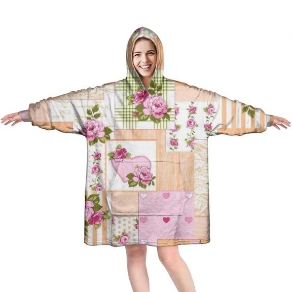 Wearable Oversized Blanket,Pioneer Flower Floral Print Pattern Wearable Blanket Hoodie for Adults,Cozy Hooded Blankets with Super Pockets,Super Warm Fuzzy Pullover for Women & Men