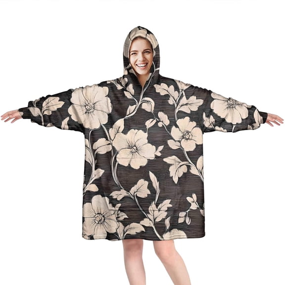 Wearable Oversized Blanket,Pioneer Flower Floral Print Pattern Wearable Blanket Hoodie for Adults,Cozy Hooded Blankets with Super Pockets,Super Warm Fuzzy Pullover for Women & Men