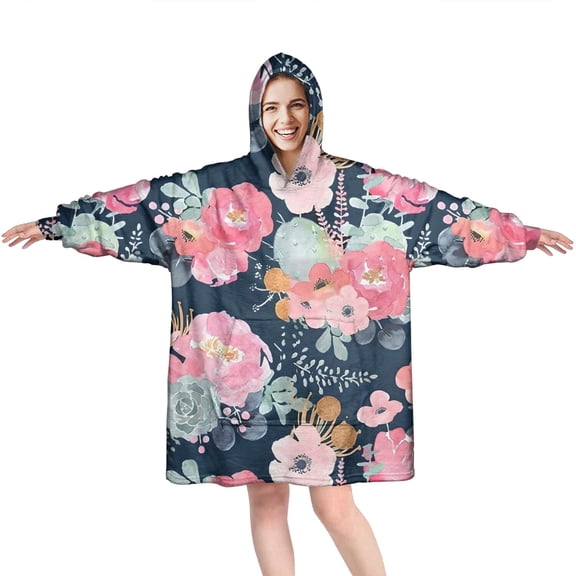Wearable Oversized Blanket,Pioneer Flower Floral Print Pattern Wearable Blanket Hoodie for Adults,Cozy Hooded Blankets with Super Pockets,Super Warm Fuzzy Pullover for Women & Men