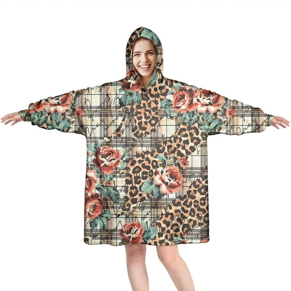 Wearable Oversized Blanket,Pioneer Flower Floral Print Pattern Wearable Blanket Hoodie for Adults,Cozy Hooded Blankets with Super Pockets,Super Warm Fuzzy Pullover for Women & Men