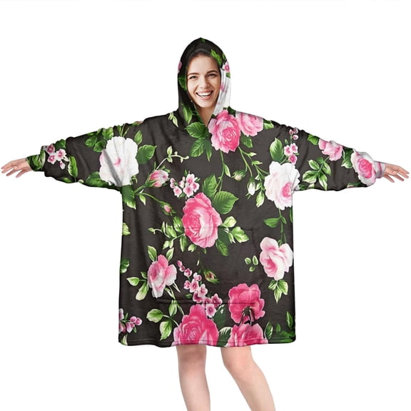 Wearable Oversized Blanket,Pioneer Flower Floral Print Pattern Wearable Blanket Hoodie for Adults,Cozy Hooded Blankets with Super Pockets,Super Warm Fuzzy Pullover for Women & Men