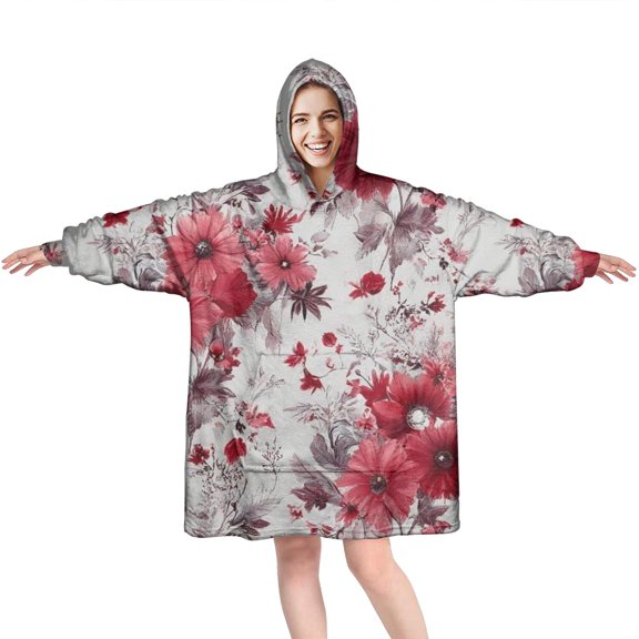 Wearable Oversized Blanket,Pioneer Flower Floral Print Pattern Wearable Blanket Hoodie for Adults,Cozy Hooded Blankets with Super Pockets,Super Warm Fuzzy Pullover for Women & Men