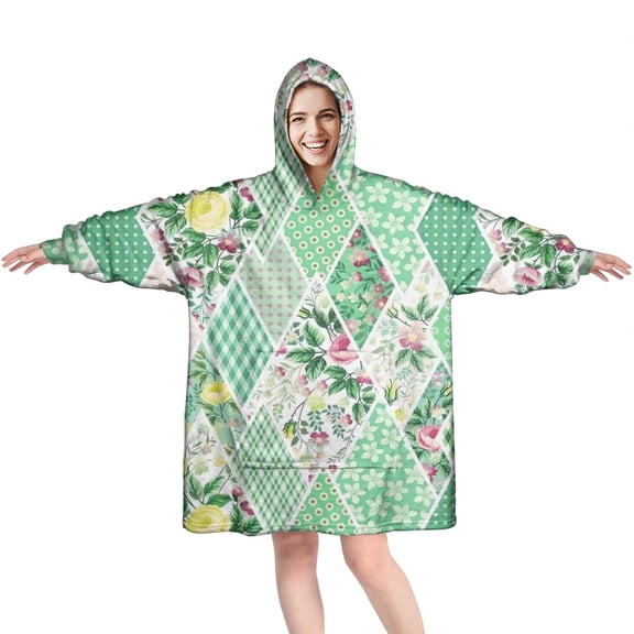Wearable Oversized Blanket,Pioneer Flower Floral Print Pattern Wearable Blanket Hoodie for Adults,Cozy Hooded Blankets with Super Pockets,Super Warm Fuzzy Pullover for Women & Men