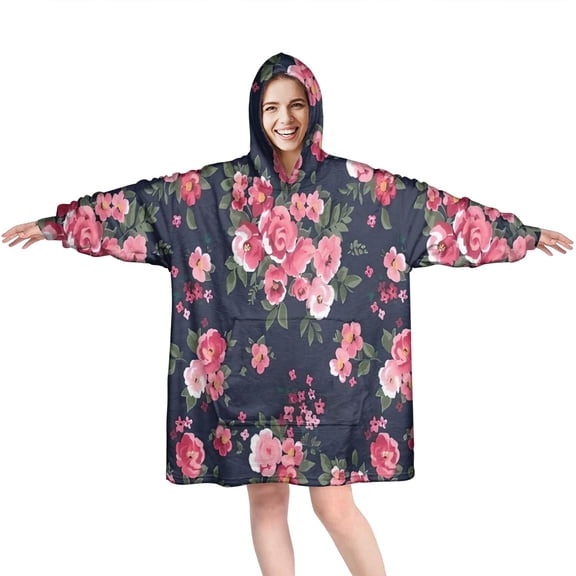 Wearable Oversized Blanket,Pioneer Flower Floral Print Pattern Wearable Blanket Hoodie for Adults,Cozy Hooded Blankets with Super Pockets,Super Warm Fuzzy Pullover for Women & Men