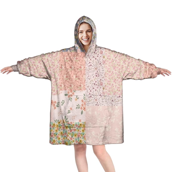 Wearable Oversized Blanket,Pioneer Flower Floral Print Pattern Wearable Blanket Hoodie for Adults,Cozy Hooded Blankets with Super Pockets,Super Warm Fuzzy Pullover for Women & Men