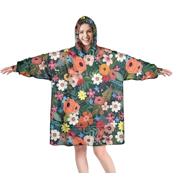 Wearable Oversized Blanket,Pioneer Flower Floral Print Pattern Wearable Blanket Hoodie for Adults,Cozy Hooded Blankets with Super Pockets,Super Warm Fuzzy Pullover for Women & Men