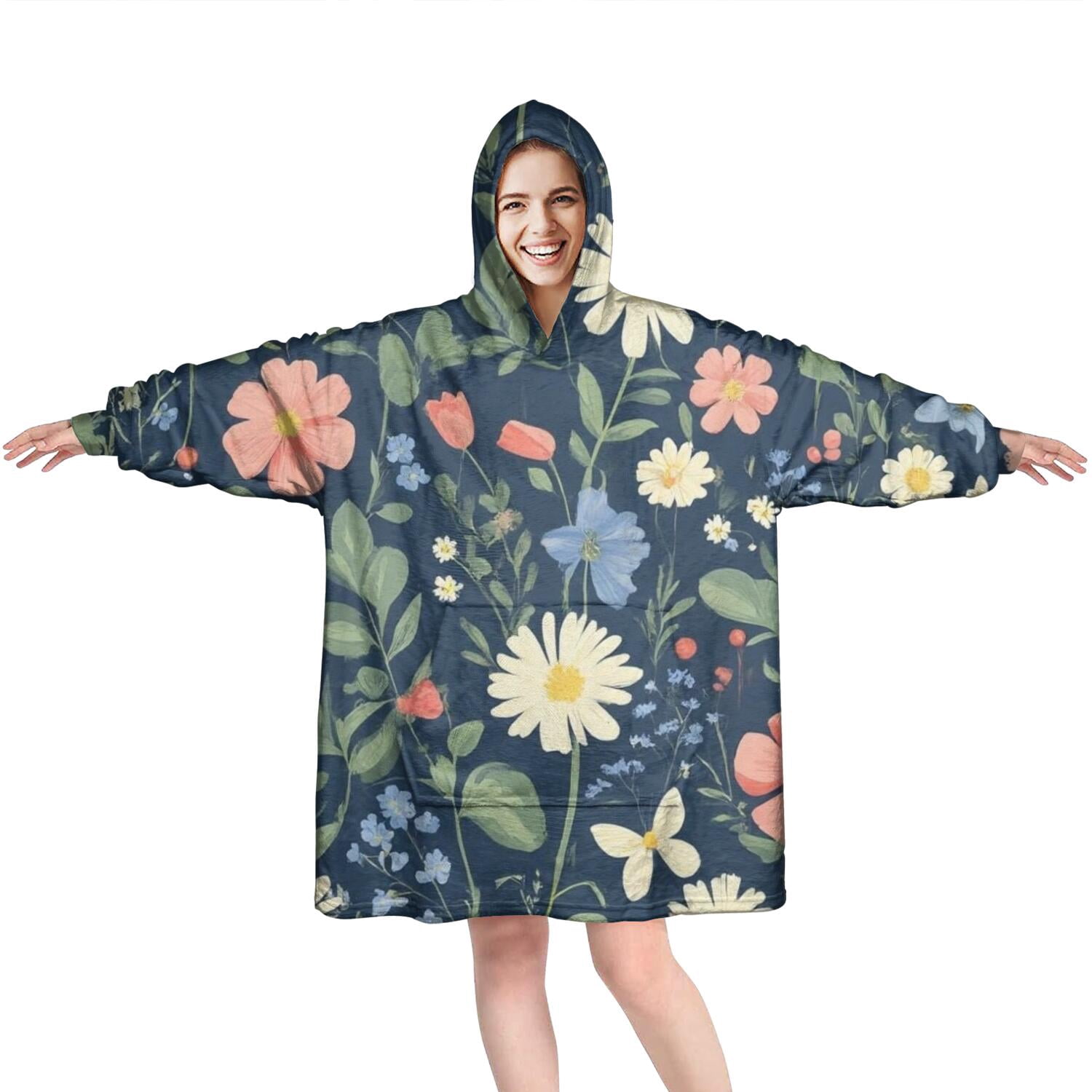 Wearable Oversized Blanket,Pioneer Flower Floral Print Pattern Wearable Blanket Hoodie for Adults,Cozy Hooded Blankets with Super Pockets,Super Warm Fuzzy Pullover for Women & Men