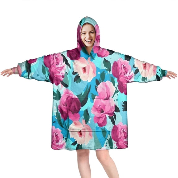 Wearable Oversized Blanket,Pioneer Flower Floral Print Pattern Wearable Blanket Hoodie for Adults,Cozy Hooded Blankets with Super Pockets,Super Warm Fuzzy Pullover for Women & Men