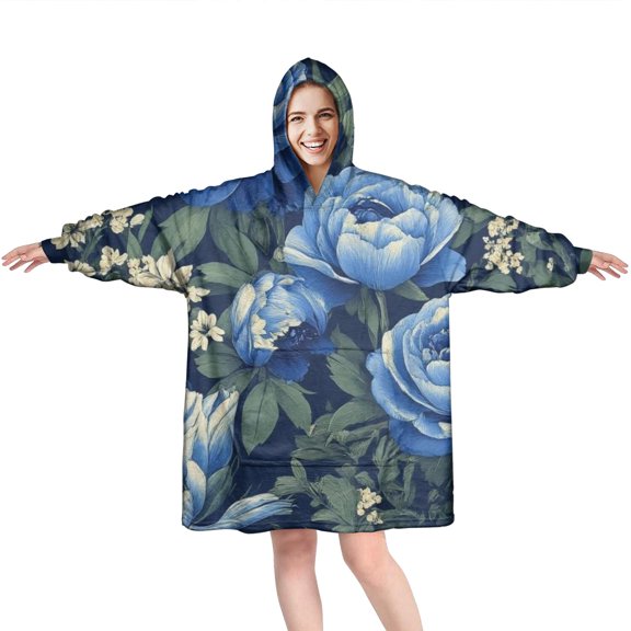 Wearable Oversized Blanket,Pioneer Flower Floral Print Pattern Wearable Blanket Hoodie for Adults,Cozy Hooded Blankets with Super Pockets,Super Warm Fuzzy Pullover for Women & Men