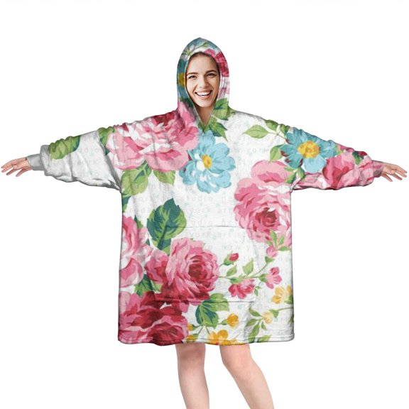 Wearable Oversized Blanket,Pioneer Flower Floral Print Pattern Wearable Blanket Hoodie for Adults,Cozy Hooded Blankets with Super Pockets,Super Warm Fuzzy Pullover for Women & Men