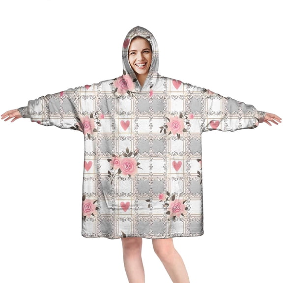 Wearable Oversized Blanket,Pioneer Flower Floral Print Pattern Wearable Blanket Hoodie for Adults,Cozy Hooded Blankets with Super Pockets,Super Warm Fuzzy Pullover for Women & Men