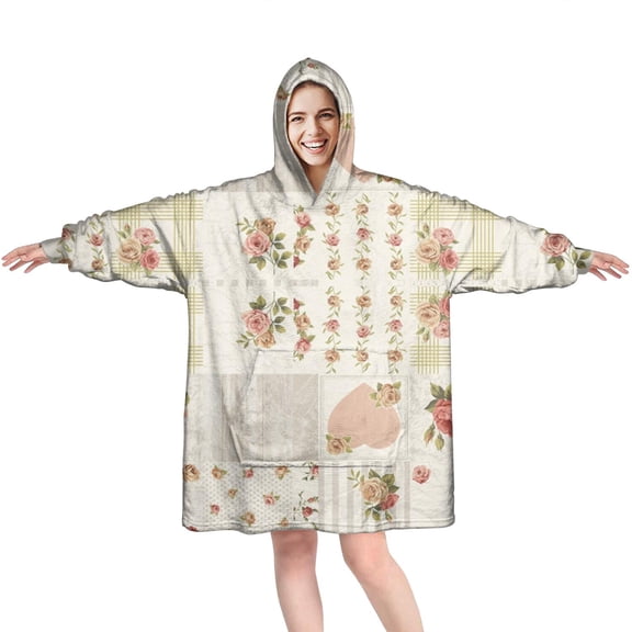 Wearable Oversized Blanket,Pioneer Flower Floral Print Pattern Wearable Blanket Hoodie for Adults,Cozy Hooded Blankets with Super Pockets,Super Warm Fuzzy Pullover for Women & Men