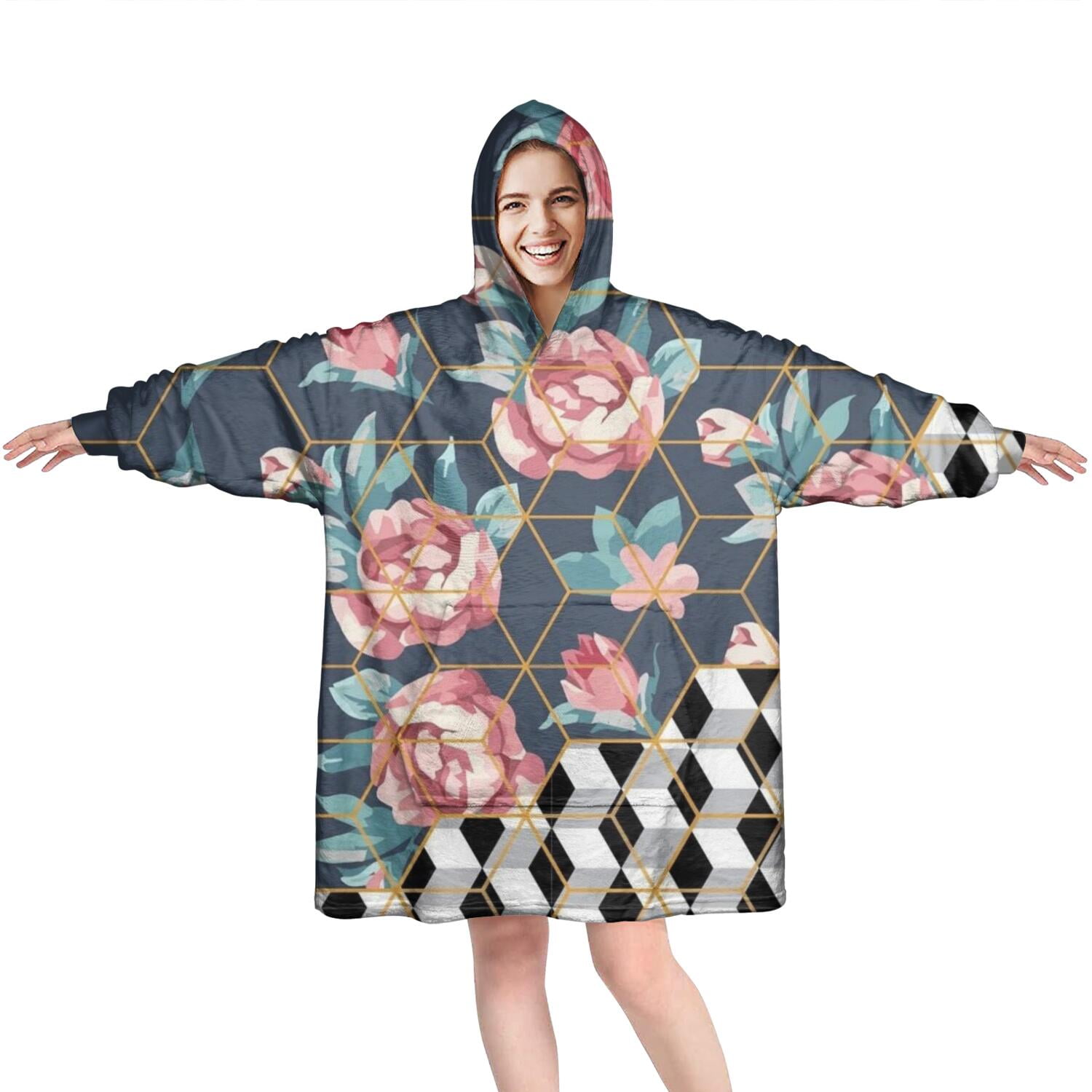 Wearable Oversized Blanket,Pioneer Flower Floral Print Pattern Wearable Blanket Hoodie for Adults,Cozy Hooded Blankets with Super Pockets,Super Warm Fuzzy Pullover for Women & Men