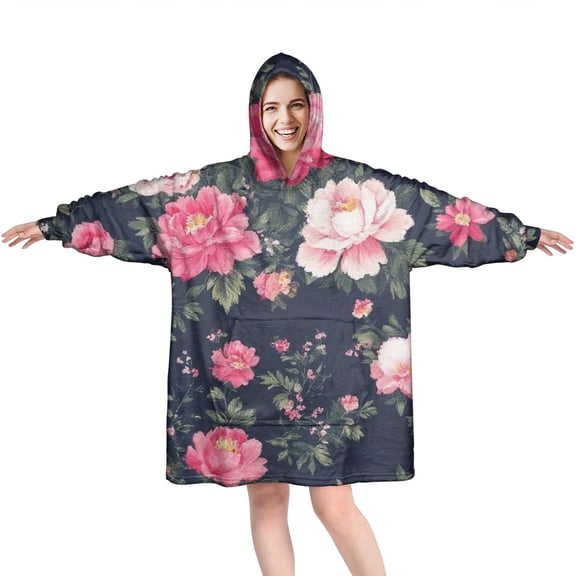 Wearable Oversized Blanket,Pioneer Flower Floral Print Pattern Wearable Blanket Hoodie for Adults,Cozy Hooded Blankets with Super Pockets,Super Warm Fuzzy Pullover for Women & Men