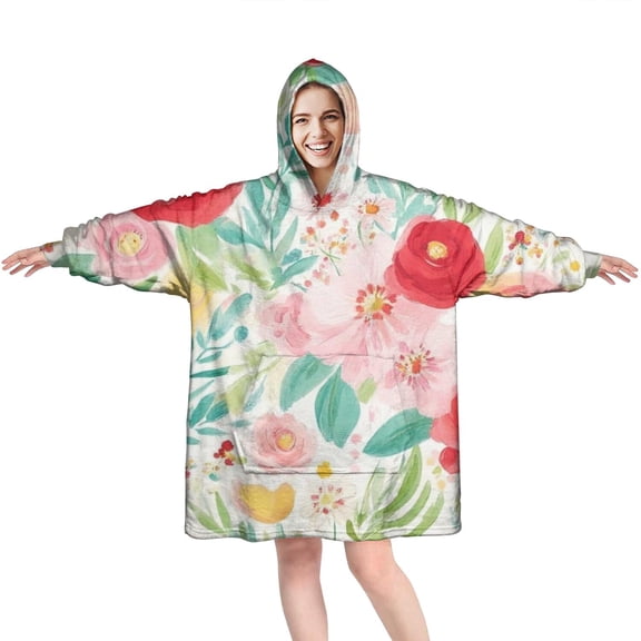 Wearable Oversized Blanket,Pioneer Flower Floral Print Pattern Wearable Blanket Hoodie for Adults,Cozy Hooded Blankets with Super Pockets,Super Warm Fuzzy Pullover for Women & Men