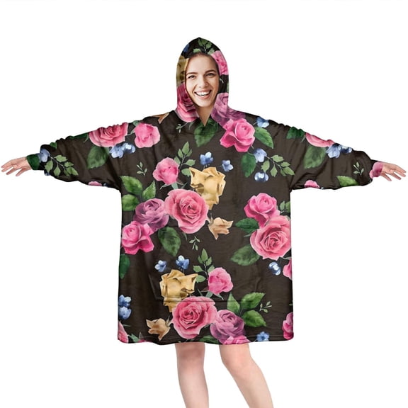 Wearable Oversized Blanket,Pioneer Flower Floral Print Pattern Wearable Blanket Hoodie for Adults,Cozy Hooded Blankets with Super Pockets,Super Warm Fuzzy Pullover for Women & Men