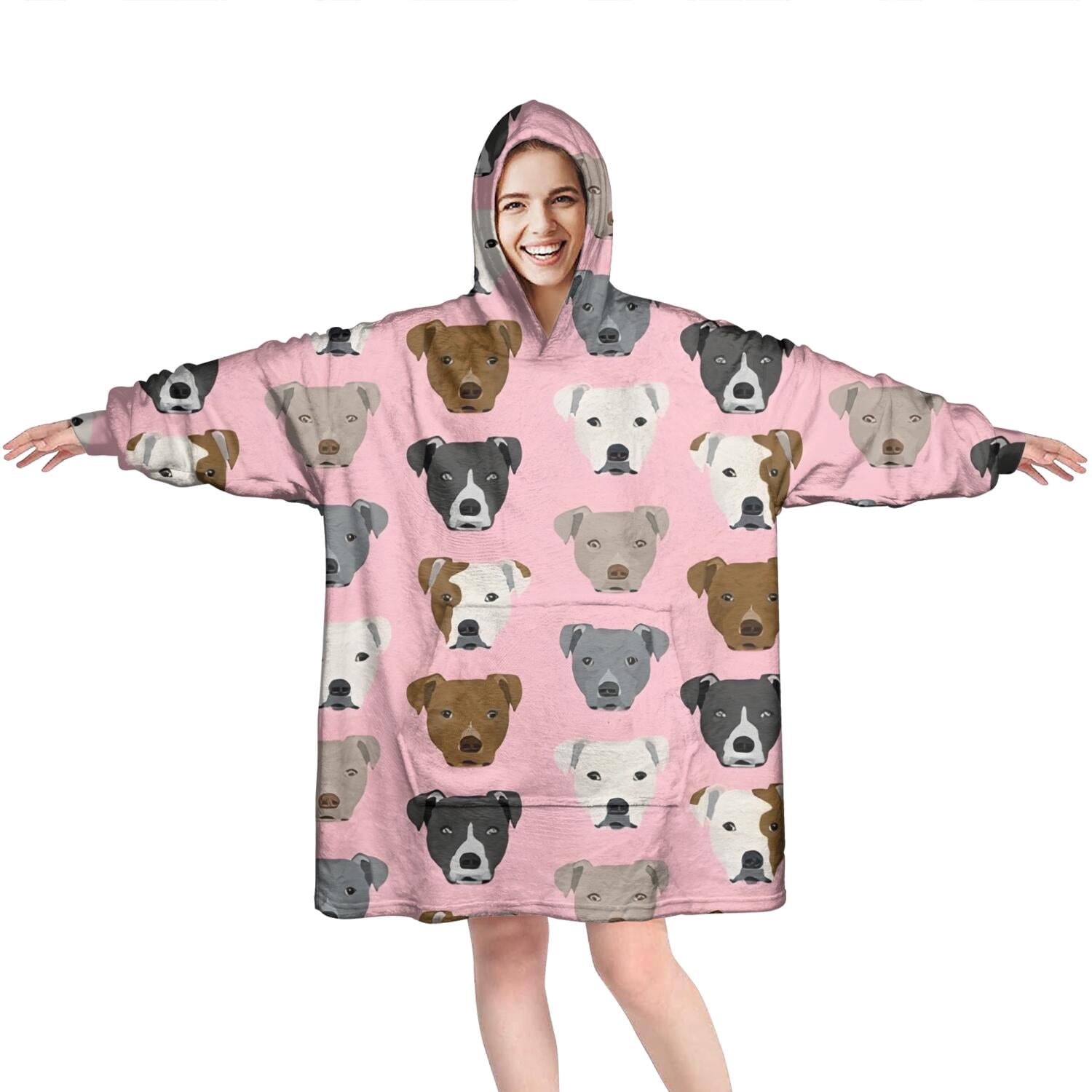 Wearable Oversized Blanket,Pit Bull Terrier Wearable Blanket Hoodie for Adults,Cozy Hooded Blankets with Super Pockets,Super Warm Fuzzy Pullover for Women & Men