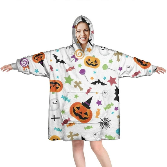 Wearable Oversized Blanket,Playful Halloween Icons Pattern Wearable Blanket Hoodie for Adults,Cozy Hooded Blankets with Super Pockets,Super Warm Fuzzy Pullover for Women & Men