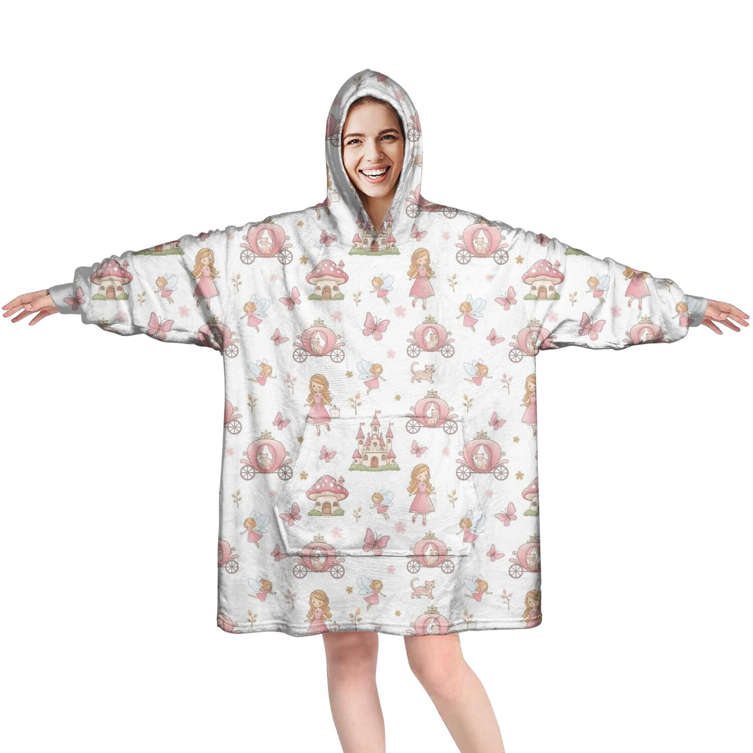 Wearable Oversized Blanket,Princess Carriage Castle Pattern Wearable Blanket Hoodie for Adults,Cozy Hooded Blankets with Super Pockets,Super Warm Fuzzy Pullover for Women & Men
