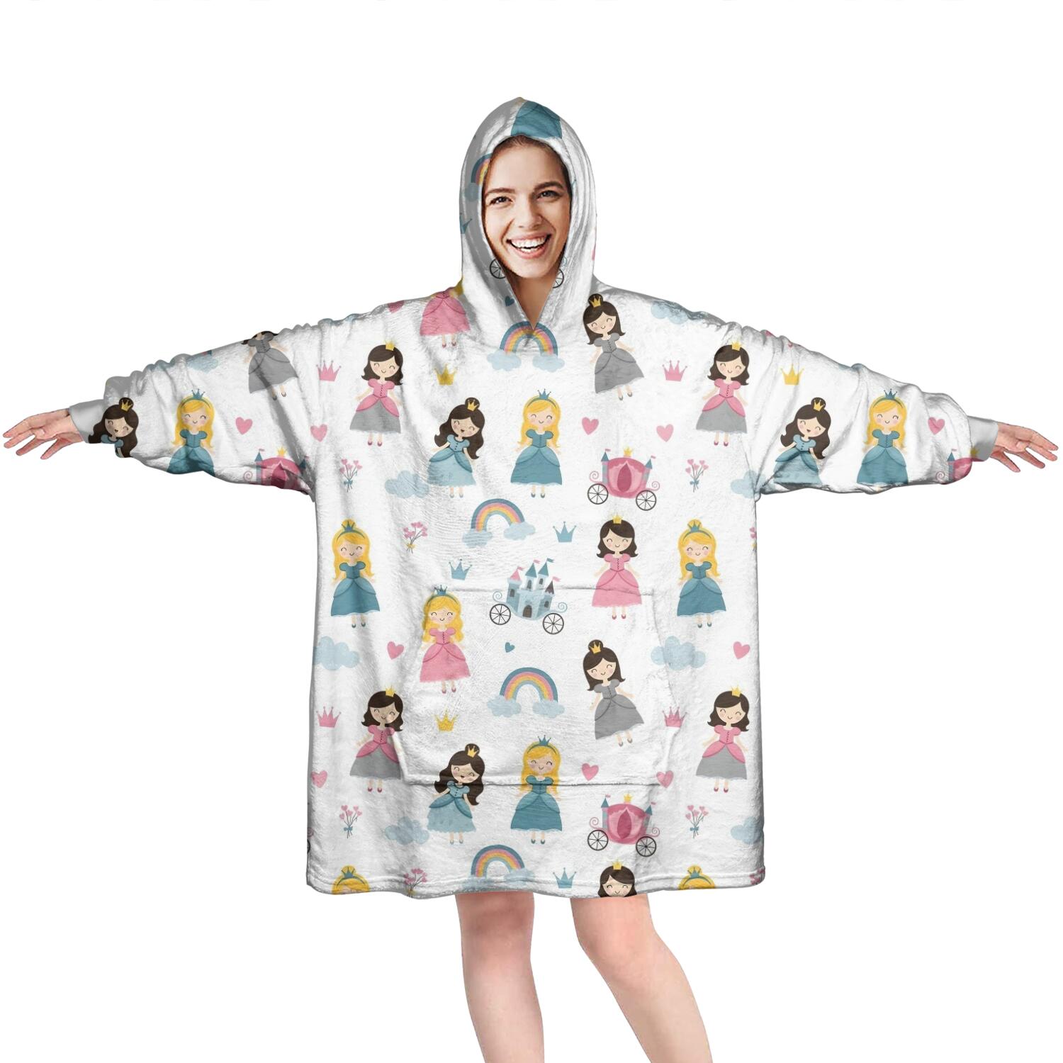 Wearable Oversized Blanket,Princess Carriage Castle Pattern Wearable Blanket Hoodie for Adults,Cozy Hooded Blankets with Super Pockets,Super Warm Fuzzy Pullover for Women & Men