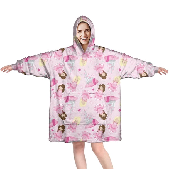 Wearable Oversized Blanket,Princess Castle Pattern Wearable Blanket Hoodie for Adults,Cozy Hooded Blankets with Super Pockets,Super Warm Fuzzy Pullover for Women & Men