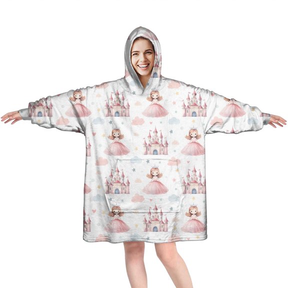 Wearable Oversized Blanket,Princess Castle Pattern Wearable Blanket Hoodie for Adults,Cozy Hooded Blankets with Super Pockets,Super Warm Fuzzy Pullover for Women & Men