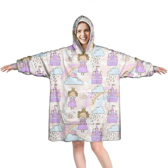 Wearable Oversized Blanket,Princess Rainbow Castle Pattern Wearable Blanket Hoodie for Adults,Cozy Hooded Blankets with Super Pockets,Super Warm Fuzzy Pullover for Women & Men