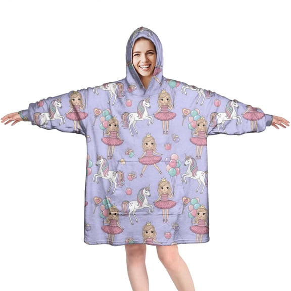Wearable Oversized Blanket,Princess and Unicorn Pattern Wearable Blanket Hoodie for Adults,Cozy Hooded Blankets with Super Pockets,Super Warm Fuzzy Pullover for Women & Men