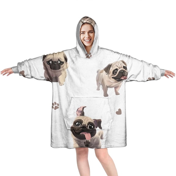 Wearable Oversized Blanket,Pug and Footprint Wearable Blanket Hoodie for Adults,Cozy Hooded Blankets with Super Pockets,Super Warm Fuzzy Pullover for Women & Men