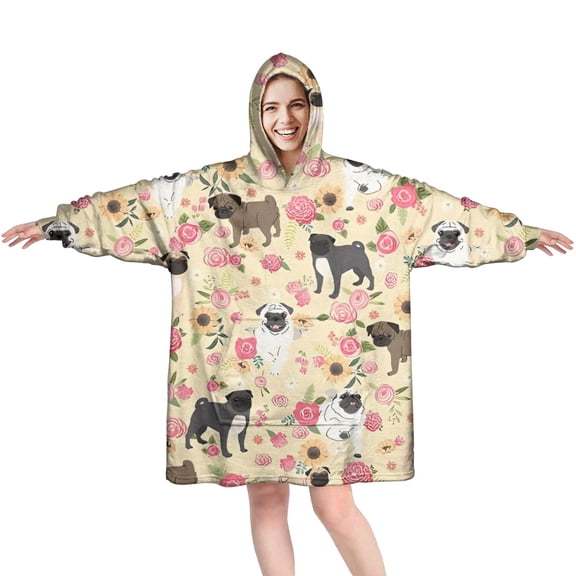 Wearable Oversized Blanket,Pugs and Pioneer Flower Wearable Blanket Hoodie for Adults,Cozy Hooded Blankets with Super Pockets,Super Warm Fuzzy Pullover for Women & Men