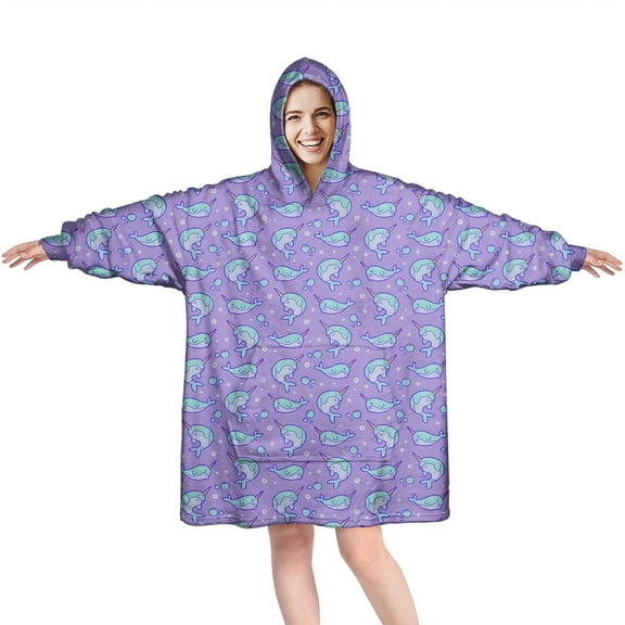 Wearable Oversized Blanket,Purple Cartoon Narwhal Pattern Wearable Blanket Hoodie for Adults,Cozy Hooded Blankets with Super Pockets,Super Warm Fuzzy Pullover for Women & Men
