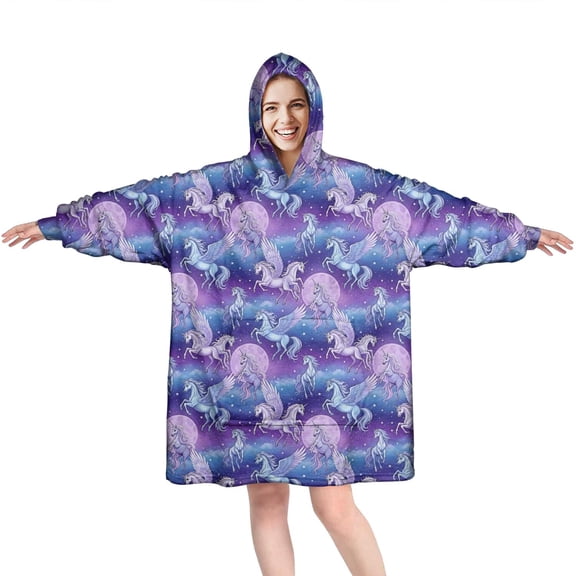 Wearable Oversized Blanket,Purple Cartoon Pegasus Moon Pattern Wearable Blanket Hoodie for Adults,Cozy Hooded Blankets with Super Pockets,Super Warm Fuzzy Pullover for Women & Men