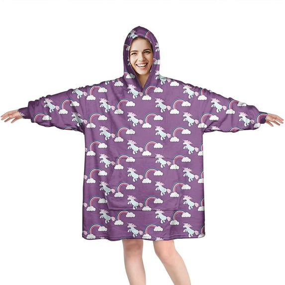 Wearable Oversized Blanket,Purple Cartoon Unicorn Rainbow Wearable Blanket Hoodie for Adults,Cozy Hooded Blankets with Super Pockets,Super Warm Fuzzy Pullover for Women & Men