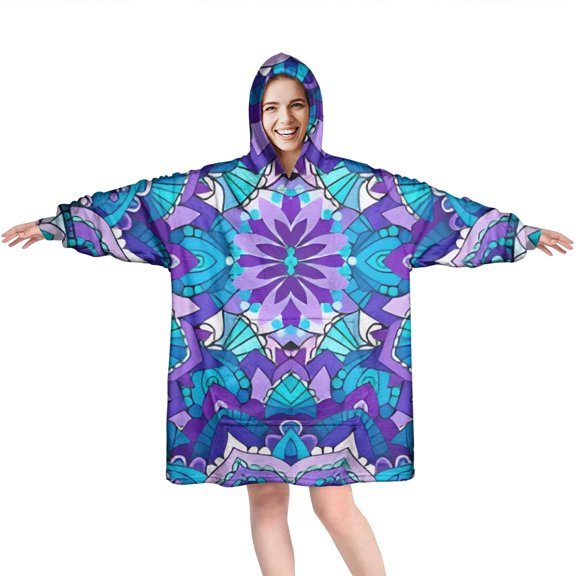 Wearable Oversized Blanket,Purple Ethnic Mandala Pattern Wearable Blanket Hoodie for Adults,Cozy Hooded Blankets with Super Pockets,Super Warm Fuzzy Pullover for Women & Men